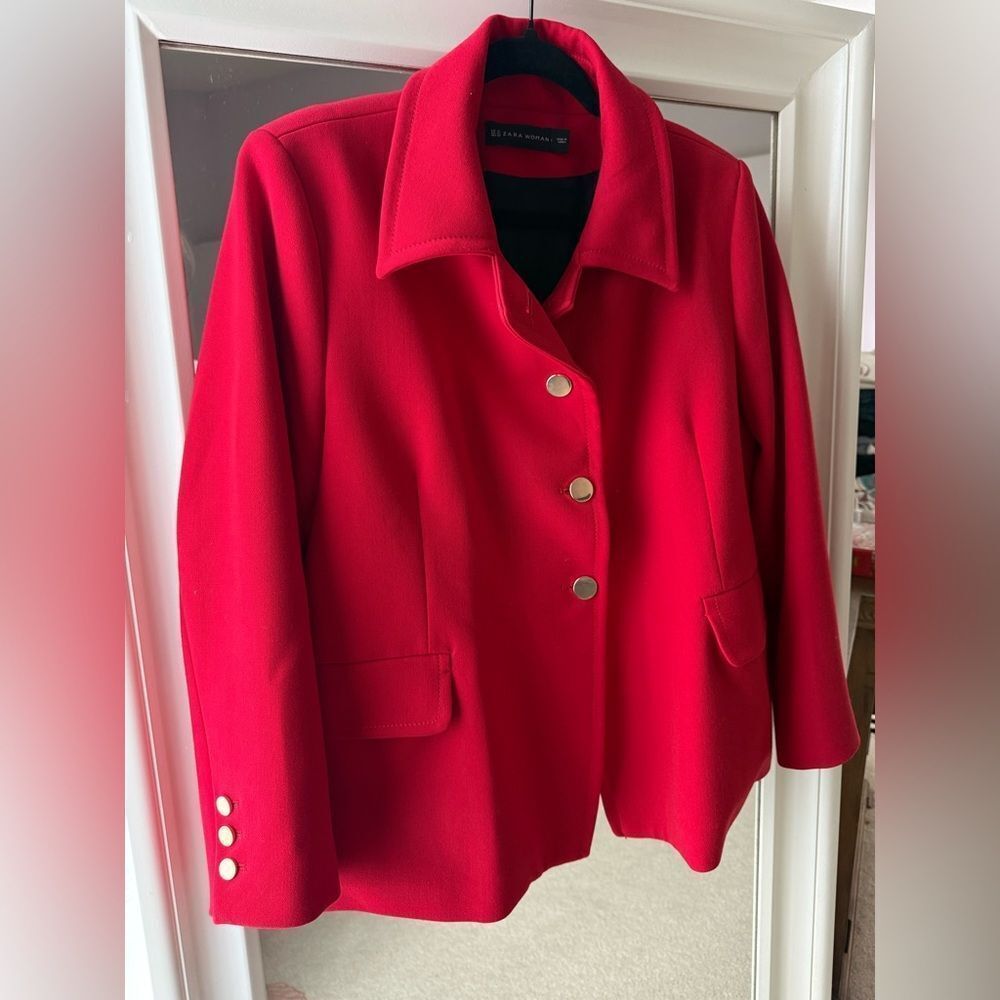 ZARA WOMAN Red Collared Mid-Length Jacket XL Button Closure Lined Pockets